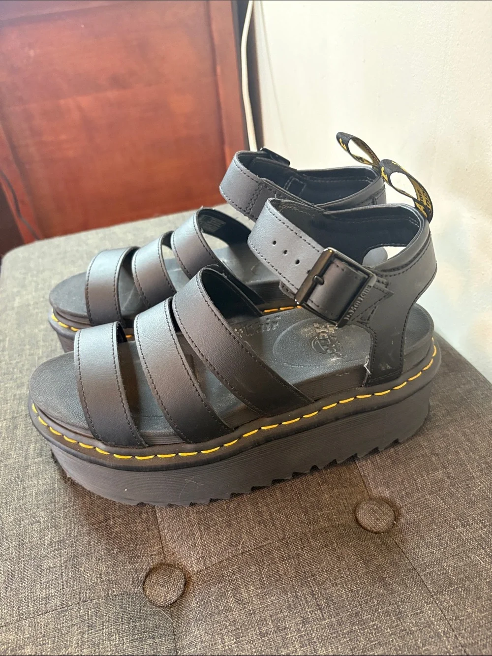 Dr. Martens Black Strappy Platform Sandals with Yellow Stitching